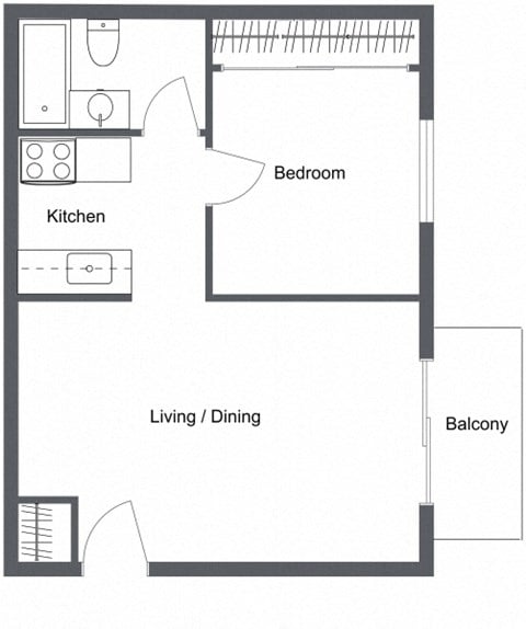 Floor plan for 1 bed, 1 bath, 490 sqft